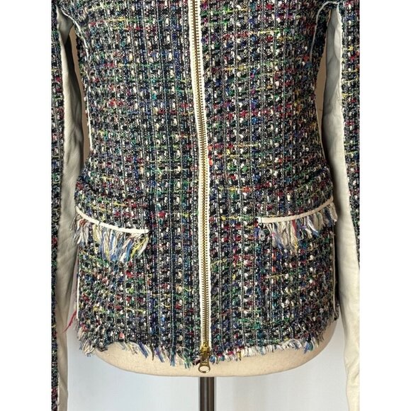 Ramy Brook Jacket Women Small Black Tweed Leather Sleeve And Trim Full Zip Retro - Picture 8 of 16